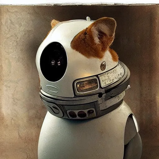 Image similar to a cute happy corgi robot by alfred stevens, detailed, intricate, cyberpunk, cinematic, breathtaking