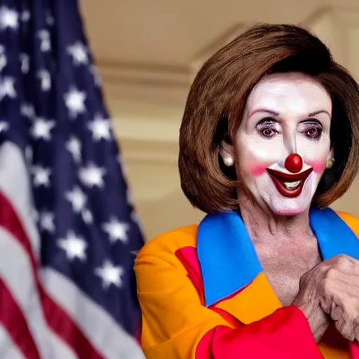 Image similar to Nancy Pelosi as a clown with a clown wig, clown nose and clown makeup whiteface, highly-detailed realistic