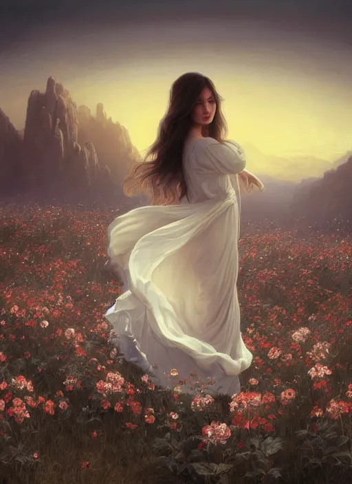 Prompt: oil painting portrait of a young woman with flowers in her long dark flowing hair in a white dress, dancing levitating floating over a field of flowers at sunset with mountains in the background, hazy, digital art, chiaroscuro, artstation, cinematic, golden hour, digital art painting by greg rutkowski, bouguereau, hazy atmosphere, flowers, cinematic lighting