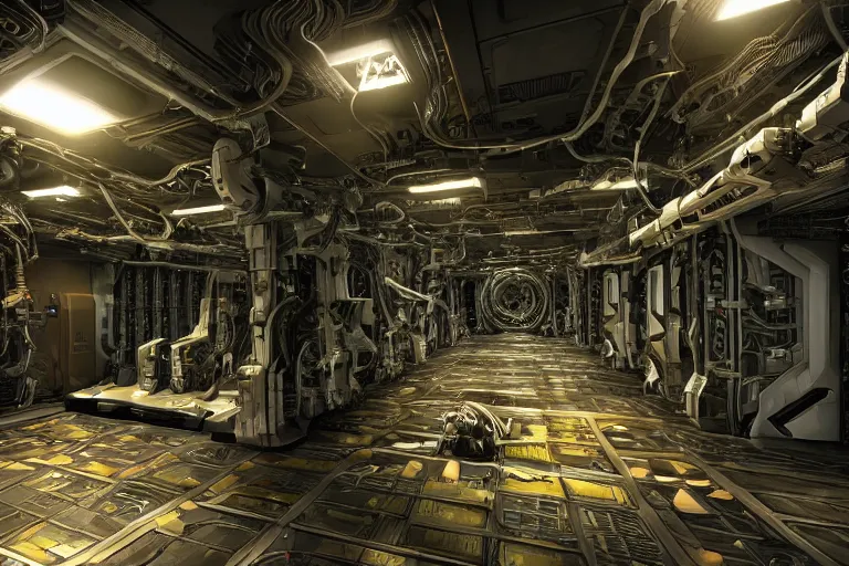 Image similar to parallax datacenter server room interior single mono colossus brown rusty robosaurus cyborg artstation cinematic detailed concept art sharp coherent cgsociety symmetric perfect well balanced shadows lotr supercomputer starwars