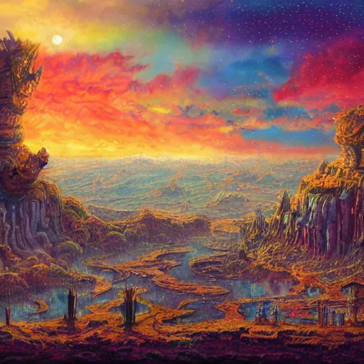 Prompt: giant television set, on ancient post - apocalyptic planet, jim henson creature shop, vivid and colorful, thomas kincaid, cinematic, oil painting, highly detailed, illustration