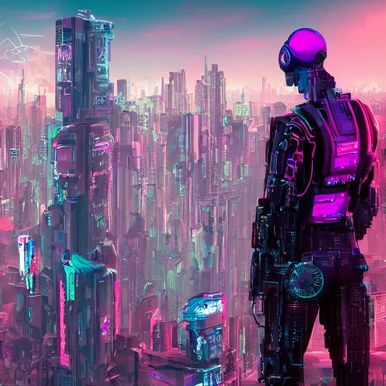 Prompt: A cyberpunk synthwave cyborg android staring out at the city below through a window