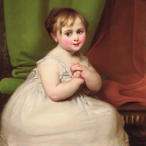 Prompt: portrait of a german toddler princess sitting down in a silk lavender gown, circa 1 8 3 7, by carl joseph begas, highly detailed, beautiful, oil on canvas, 1 8 3 0 s, romanticism