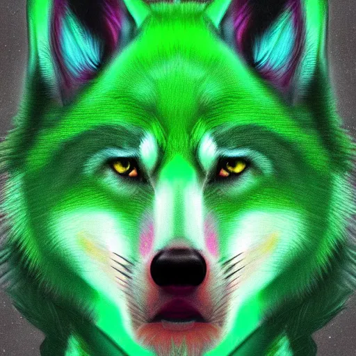 Image similar to Beautiful portrait digital painting of an anthro anthropomorphic pastel-green wolf, Punk outfit. minimalist background