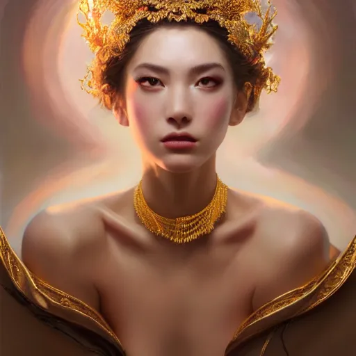 Prompt: expressive oil painting, of alluring european princess, seductive look, sharp focus, smooth glowing skin, glistening body, love, adoration, ornate headpiece made from flowers, glamour shot, by yoshitaka amano, by greg rutkowski, by jeremyg lipkinng, by artgerm, digital art, octane render, white robe