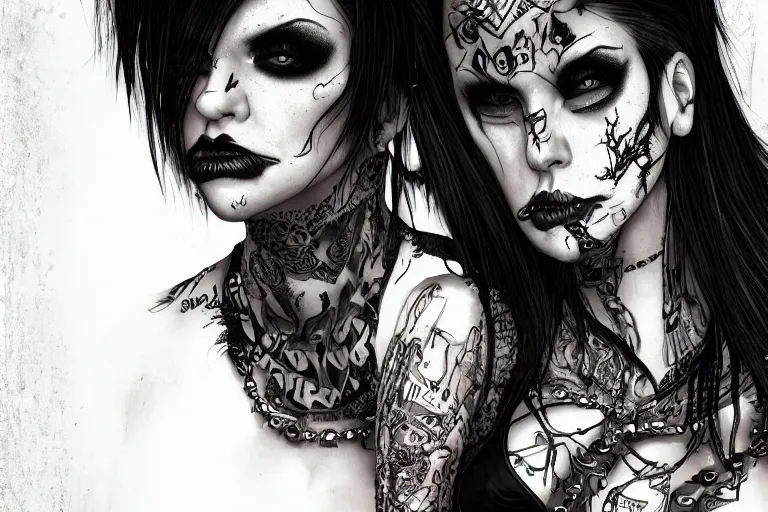 Prompt: a extremely detailed stunning portraits of gothpunk slutcore women full frontal body by allen william on artstation