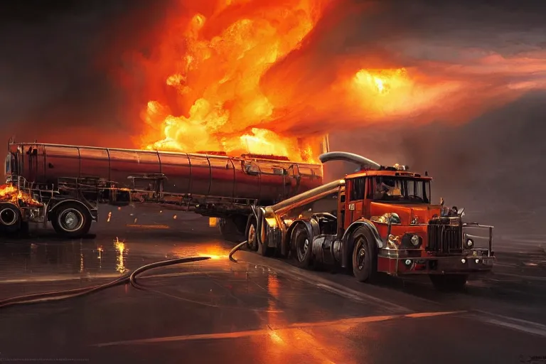 Prompt: a fire tornado picking up a tanker truck as it explodes, matte painting, long shot, concept art, wide shot, digital art, trending on artstation, 4 k, extremely detailed, realistic, midday, warm colors, golden sunlight, by greg rutkowski, cinematic, epic