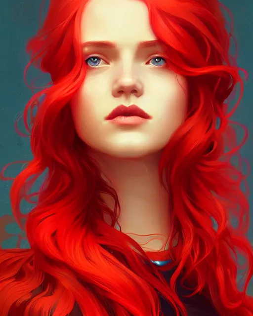 Prompt: emily rajtkowski, lake, red, flaming hair, highly detailed, digital painting, artstation, concept art, smooth, sharp focus, illustration, art by artgerm and greg rutkowski and alphonse mucha