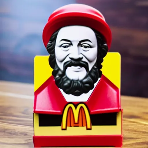 Image similar to Photograph of theologican John Calvin Happy Meal Toy figure made of plastic, 50 mm photo, McDonalds restaurant interior background