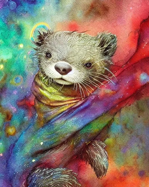 Prompt: detailed magical rainbow otter by jean - baptiste monge and frank frazetta, post processing, painterly, book illustration watercolor granular splatter dripping paper texture, ink outlines, painterly, trending on artstation, trending on pinterest childrens art