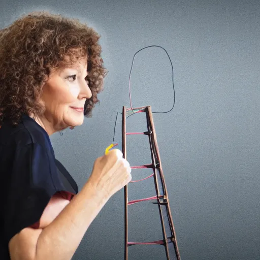 Prompt: older woman building electrical wiring on desk, soft lighting, matte painting, curly hair