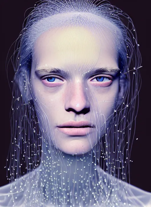 Image similar to Kodak Portra 400, highly detailed, britt marling style 3/4 , fine art portrait photography by Paolo Roversi, face and body merging with luminescent jellyfishes filaments, symbolic metamorphosis complex 3d render , 150 mm lens, bust with intricate filaments details, elegant, hyper realistic, ultra detailed, octane render, underwater soft colours, emotionally evoking, head in focus, fantasy, elegant, soft light, volumetric lighting, highly detailed, 8K, soft light, volumetric lighting, Refined, Highly Detailed, soft lighting colors scheme, fine art photography, Hyper realistic, photo realistic