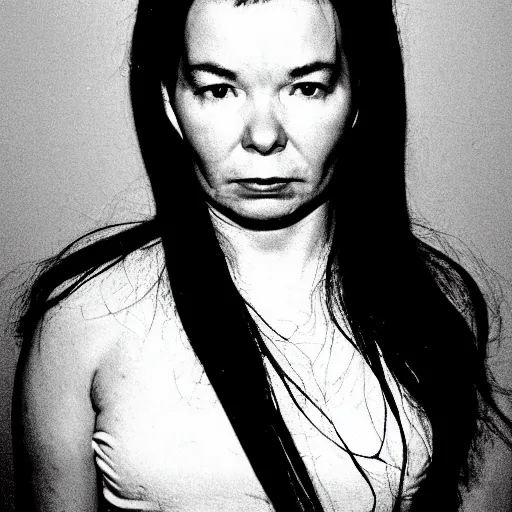 Prompt: mugshot portrait of Bjork heavy grain, high contrast black and white, low quality video camera security night vision