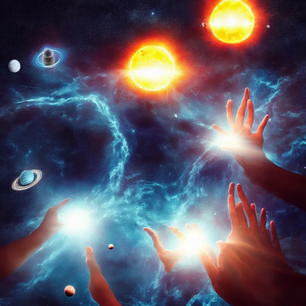 Prompt: giant celestial god levitating a solar system between it's hands, space, black hole, planet, clouds, nebula, creature, monster, alien tentacles, apocaplypse, destruction, demon, magician, archmage, wizard, tower, castle, colorful, high constrast, lens flare, oil painting, detailed, 4 k, 8 k, peter mohrbacher