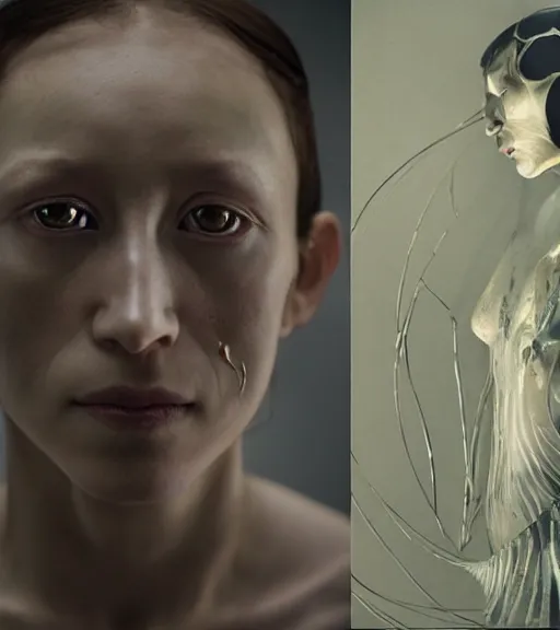 Image similar to still frame from Prometheus movie by Makoto Aida, cyborg with life within by Iris van Herpen painted by Caravaggio and by Hisashi Tenmyouya by Fuyuko Matsui by Makoto Aida by Yasunari Ikenaga by Takato Yamamoto