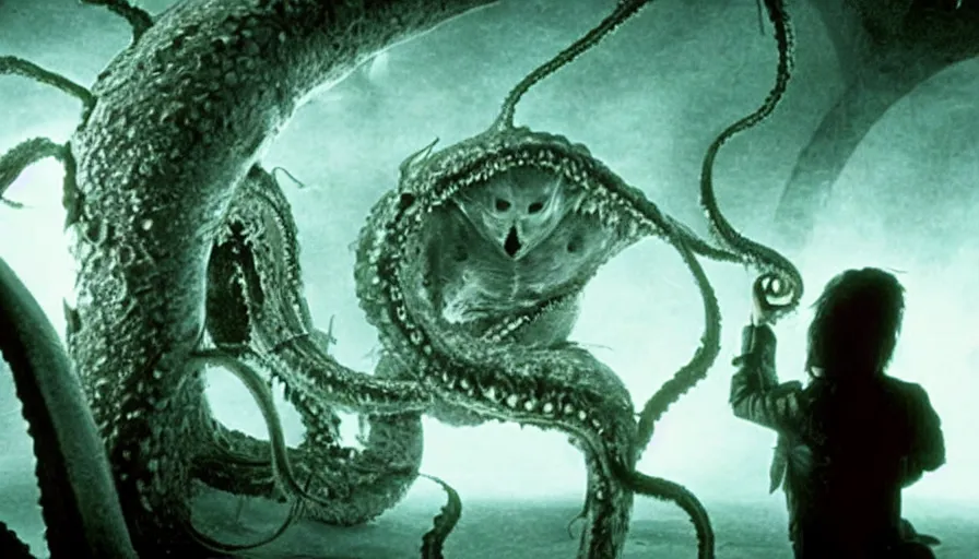 Image similar to big budget horror movie about a giant amoeba with sharp fangs and tentacles, attacking the biochemist that created it