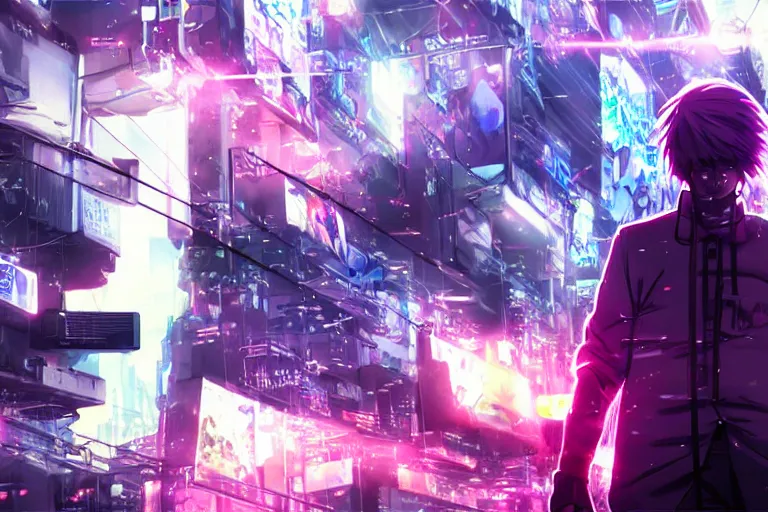 Image similar to anime joe biden starts ww 3, 3 5 mm film still, wired landscape, cyberpunk, volumetric lighting, photo realistic, digital art, anime background, violet colour palette, very detailed faces, art by range murata and yasuyuki ueda