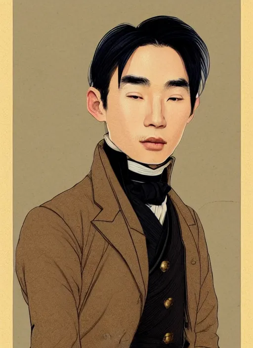 Image similar to a portrait of a young asian man with a crooked nose in victorian clothing, confident pose, intricate, elegant, sharp focus, illustration, highly detailed, concept art, matte, trending on artstation, anime, art by james jean and artgerm and brian despain and alberto mielgo, greg rutkowski, wlop, ilya kuvshinov, strong strokes