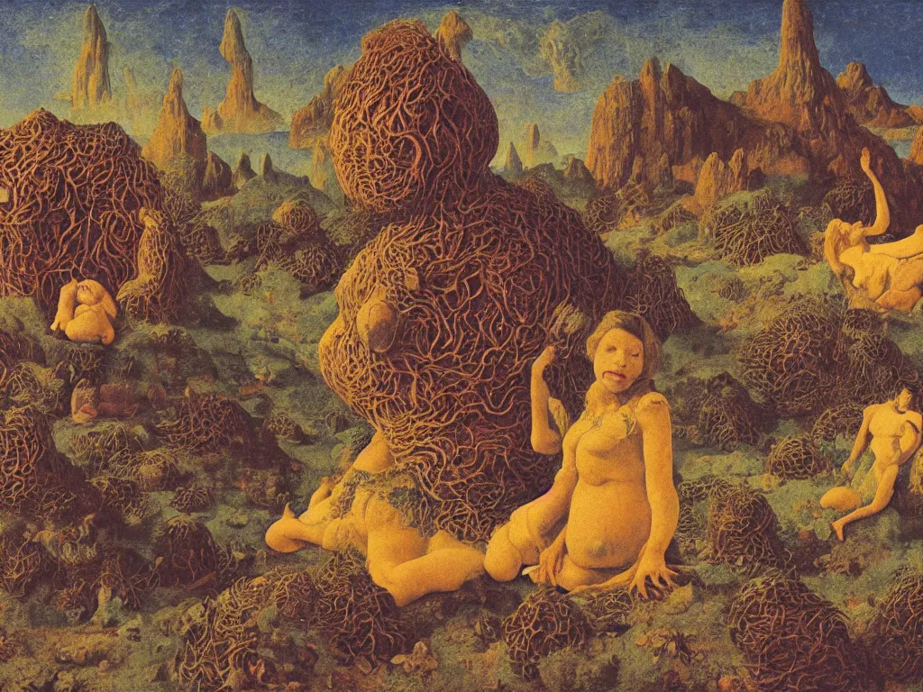 Image similar to Portrait of a sleeping pregnant woman thistles in the ruined acid eaten city. Aurora night, sweaty mountain, African mask. Constellations, meteor crater. Painting by Jan van Eyck, Agnes Pelton, Rene Magritte, Jean Delville, Max Ernst, Maria Sybilla Merian