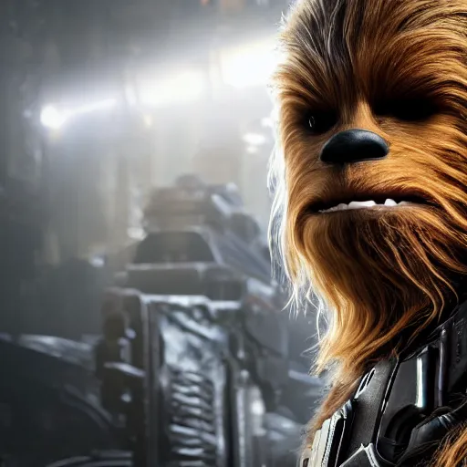 Image similar to chewbacca in gears of war gears of war, splash art, movie still, detailed face, photorealistic facial features, cinematic lighting, dramatic, octane render, long lens, shallow depth of field, bokeh, anamorphic lens flare, 8 k, hyper detailed, 3 5 mm film grain