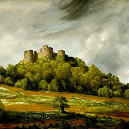 Prompt: Painting of a fortress overlooking woodland. High resolution and detailed. In the style of John Constable.