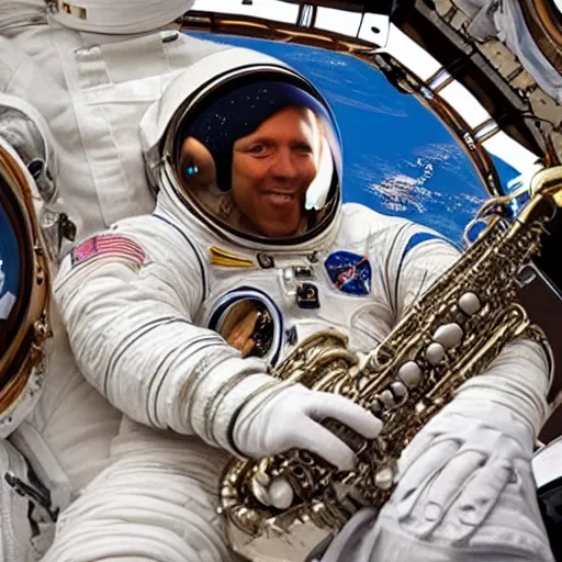 Prompt: astronaut using a saxophone in space, hd, earth, realistic, detailed, award winning image