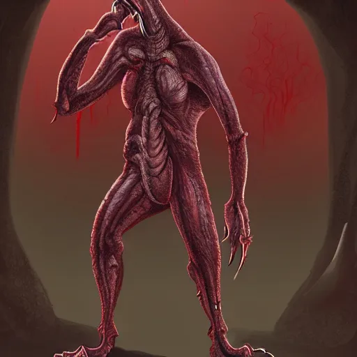 Image similar to big butcher anthropomorphic male lizardfolk posing scarily, scary angry pose, chasing you, bloody, covered in blood, fresh kill, cleaver, in a cave, earie setting, lovecraft eldritch horror, hyperdetailed, furaffinity, anthro art