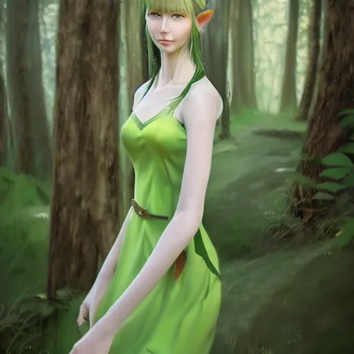 Image similar to a realistic portrait of a realistic female elf with a long withe and light green dress walking in the woods , perfect and hyperrealistic ultra detailed face, by WLOP