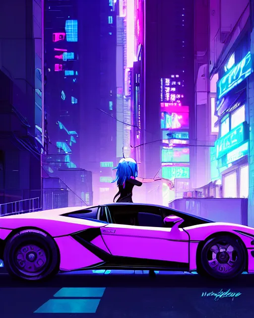 Image similar to digital illustration of cyberpunk pretty girl with blue hair, standing in front of a purple lamborghini, in city street at night, by makoto shinkai, ilya kuvshinov, lois van baarle, rossdraws, basquiat