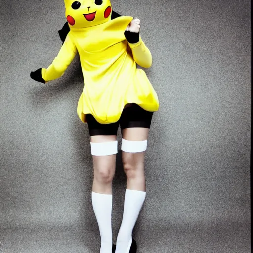 Prompt: elegant woman dressed up as pikachu, wearing stockings, modern photo by Annie Liebovitz