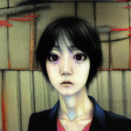 Image similar to yoshitaka amano blurred and dreamy realistic three quarter angle portrait of a young woman with short hair and black eyes wearing office suit with tie, junji ito abstract patterns in the background, satoshi kon anime, noisy film grain effect, highly detailed, renaissance oil painting, weird portrait angle, blurred lost edges