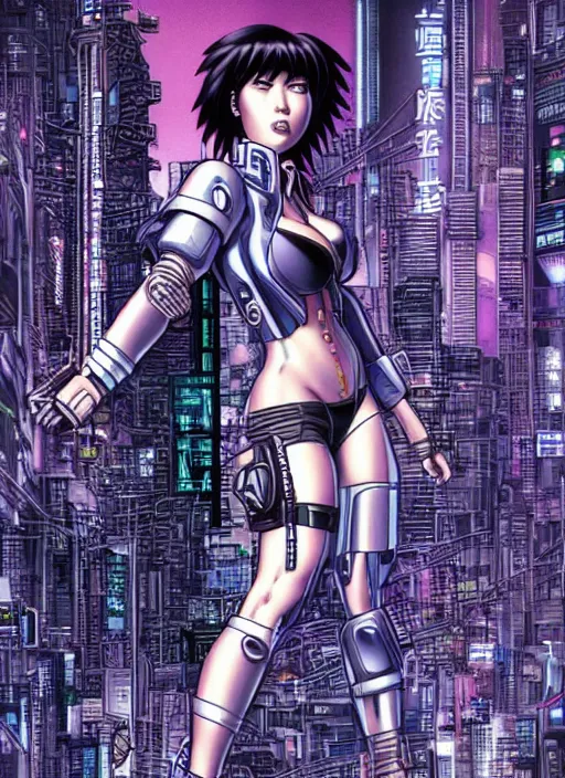 Image similar to motoko kusanagi in grungy cyberpunk megacity, intricate and finely detailed, cyberpunk vaporwave, portrait by j scott campbell