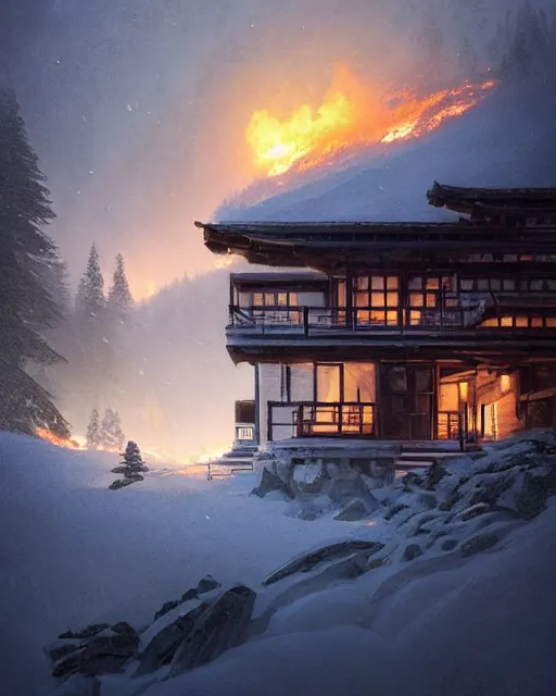 Image similar to mountain chalet covered in fire, smoke, sunrise, snow, sharp details, sharp focus, elegant, highly detailed, illustration, by Jordan Grimmer and greg rutkowski and PiNe(パイネ) and 薯子Imoko and 香川悠作 and wlop and maya takamura, intricate, beautiful, Trending artstation, pixiv, digital Art