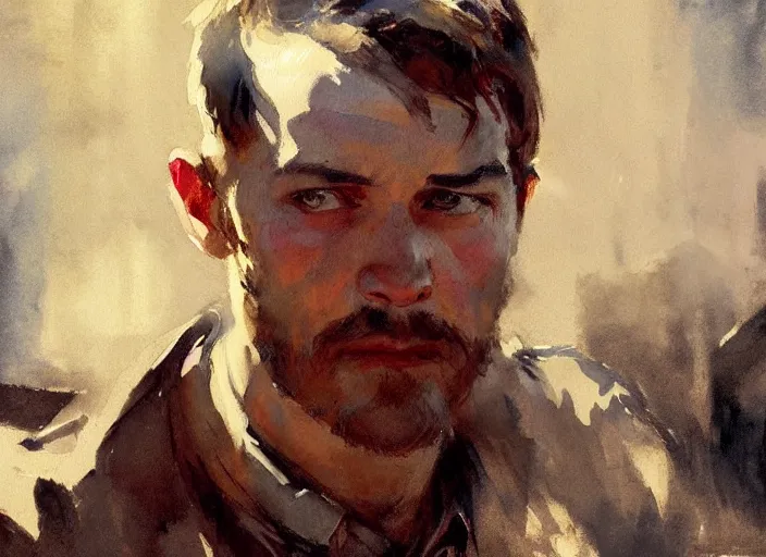 Image similar to oil watercolor painting of young rugged man in western bar, shaven stubble, short hair, mysterious light, art by anders zorn, wonderful masterpiece by greg rutkowski, beautiful cinematic light, american romanticism by greg manchess, creation by tyler edlin