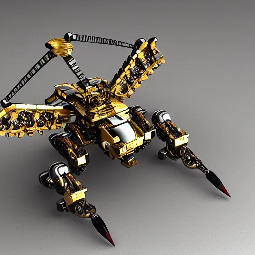 Image similar to mech wasp. mechanical robot. iron, gold, diamond. hyper detail. hyperrealistic