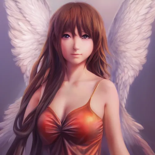 Image similar to an oil painting of a beautiful anime girl with angel wings, by artgerm, hd, hdr, ue 5, ue 6, unreal engine 5, cinematic 4 k wallpaper, 8 k, ultra detailed, high resolution, artstation, award winning