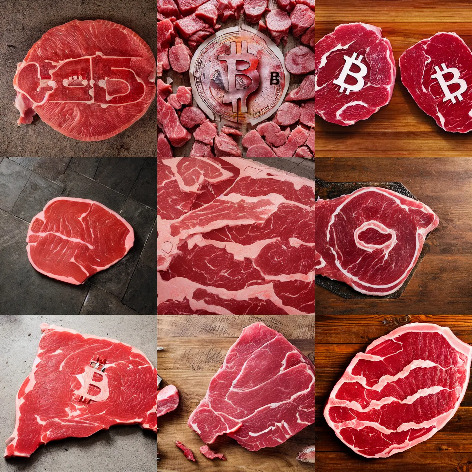 Prompt: bitcoin shape carved out from raw meat on butchery floor, real photo