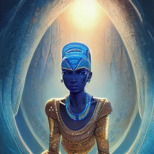 Image similar to highly detailed portrait of an african egyptian goddess, intricate alien technology, stephen bliss, unreal engine, fantasy art by greg rutkowski, loish, rhads, ferdinand knab, makoto shinkai and lois van baarle, ilya kuvshinov, rossdraws, tom bagshaw, global illumination, radiant light, detailed and intricate environment