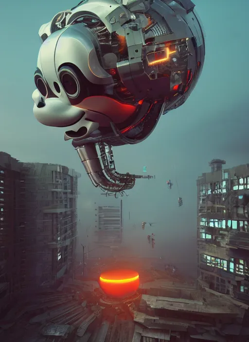 Prompt: people building giant head of a robot mickey mouse inside of abandoned netflix office, cyberpunk, by beeple, dystopia, golden ratio, octane render, redshift, trending on artstation, 8 k