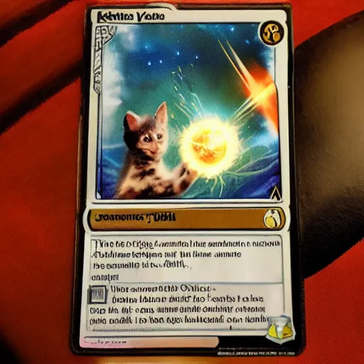 Image similar to a magic the gathering card of a kitten blowing up a planet