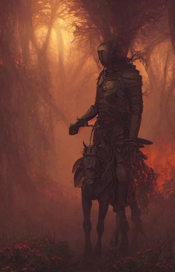 Image similar to portrait of a knight among flowers in dark forest, surrounded by fire and smoke, moody, rim light, dynamic lighting, cinematic shot, gritty, ultra - detail, renderman, physically based render, jean delville, gustave dore and marco mazzoni