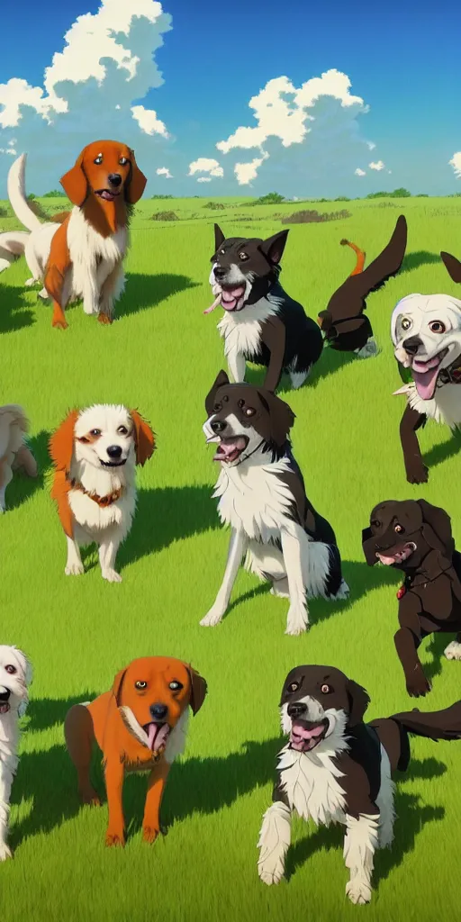 Image similar to a group of dogs playing in a field, studio ghibli style lighting, highly detailed, trending on artstation.