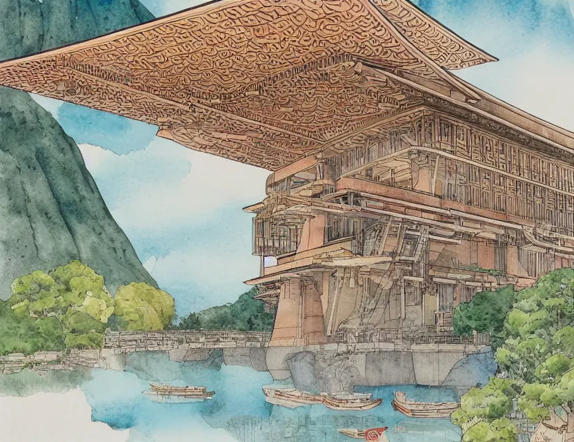Prompt: a detailed, intricate colorful watercolor and ink illustration with fine lines of the view from the river of a library inspired by a japanese umbrella by frank lloyd wright