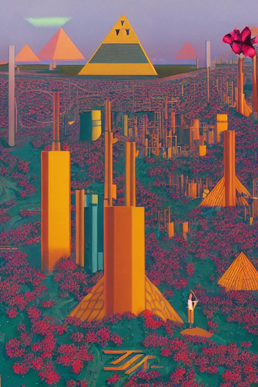 Image similar to giant cyber - punk factory with ancient pyramids and blooming flowers by helen lundeberg