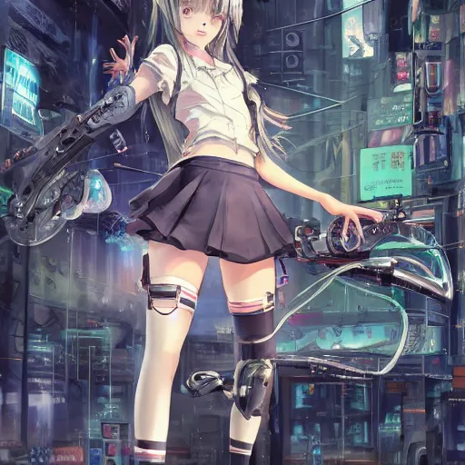 Image similar to dynamic composition, motion, ultra-detailed, incredibly detailed, a lot of details, amazing fine details and brush strokes, colorful and grayish palette, smooth, HD semirealistic anime CG concept art digital painting, watercolor oil painting of Clean and detailed post-cyberpunk sci-fi close-up schoolgirl wearing thigh highs and school uniform, in asian city in style of cytus and deemo, blue flame, relaxing, calm and mysterious vibes,, by a Chinese artist at ArtStation, by Huang Guangjian, Fenghua Zhong, Ruan Jia, Xin Jin and Wei Chang. Realistic artwork of a Chinese videogame, gradients, gentle an harmonic grayish colors. set in half-life 2, Matrix, GITS, Blade Runner, Neotokyo Source, Syndicate(2012), dynamic composition, beautiful with eerie vibes, very inspirational, very stylish, with gradients, surrealistic, dystopia, postapocalyptic vibes, depth of field, mist, rich cinematic atmosphere, perfect digital art, mystical journey in strange world