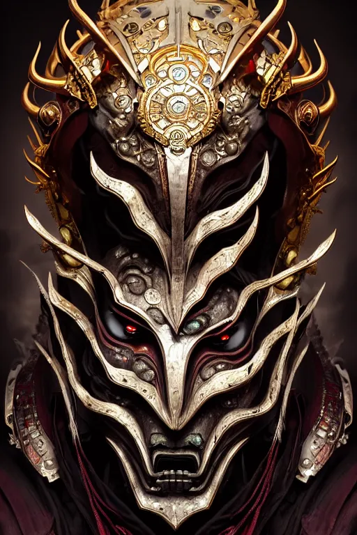 Prompt: asura from chinese myth, ghost, luxurious armor mixed with leather and metal, gothic diablo art, rococo art, cyberpunk, mecha, halfturn portrait of a big crystal face made of crystals half - turn, ominous, intricate, studio, art by anthony macbain + greg rutkowski + alphonse mucha, concept art, 4 k, sharp focus