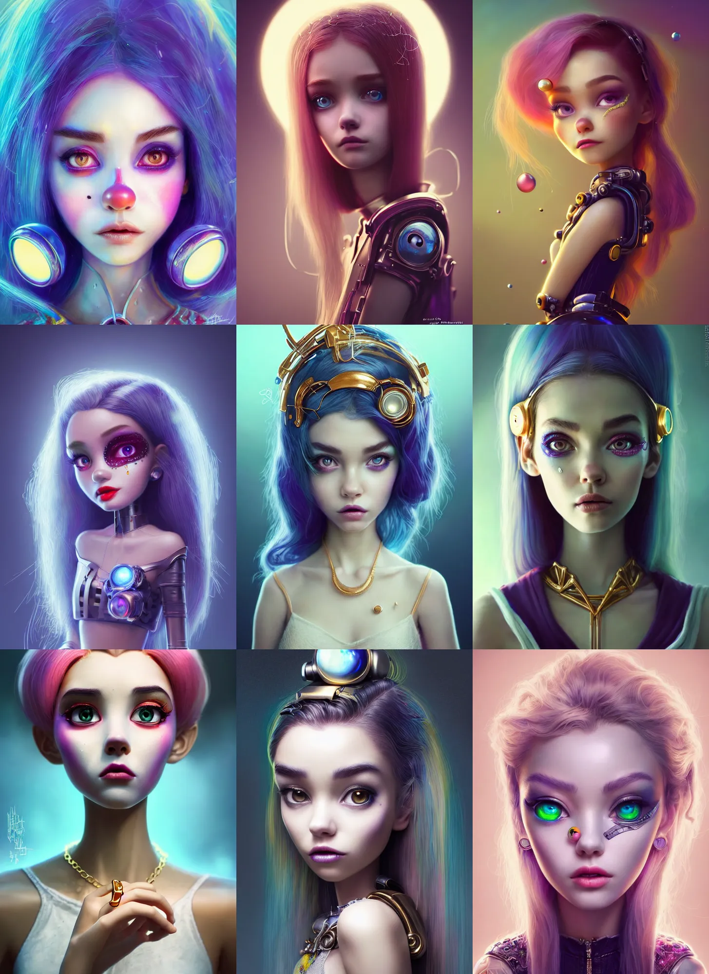 Prompt: pixar portrait 8 k photo, beautiful porcelain white edc clowncore bubble emo madison beer cyborg woman, golden ratio jewelry, sci - fi, fantasy, cyberpunk, intricate, elegant, highly detailed, digital painting, ever after high, octane render, artstation, concept art, smooth, sharp focus, illustration, art by artgerm, loish, wlop