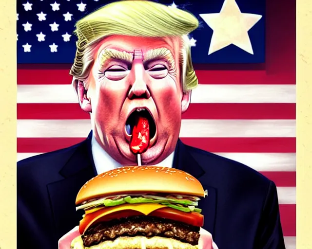 Image similar to !! donald trump!! licking a! cheeseburger! at a rally with american flags, deep focus, fantasy, intricate, highly detailed, digital painting, artstation, concept art, matte, sharp focus, illustration, hearthstone, art by artgerm and greg rutkowski and alphonse mucha,! hamburger!