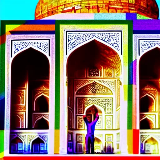 Prompt: photo of gay pride at ( ( ( ( taj mahal ) ) ) ), cinematic color grading, soft light, faded colors, well framed, sharp focus, 8 k