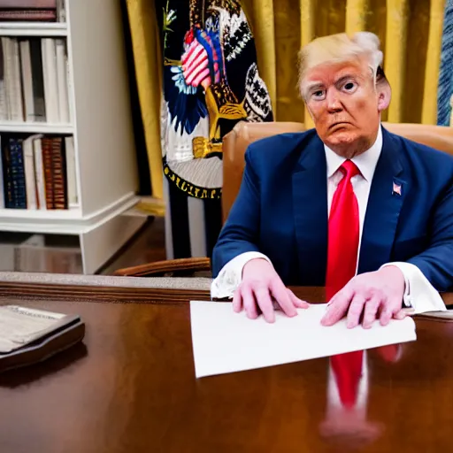 Image similar to candid portrait photo of president trump at his desk eating papers with his bare hands, detailed portrait, 4 k, megapixel, sony a 7 s, f / 8, 2 4 mm lens